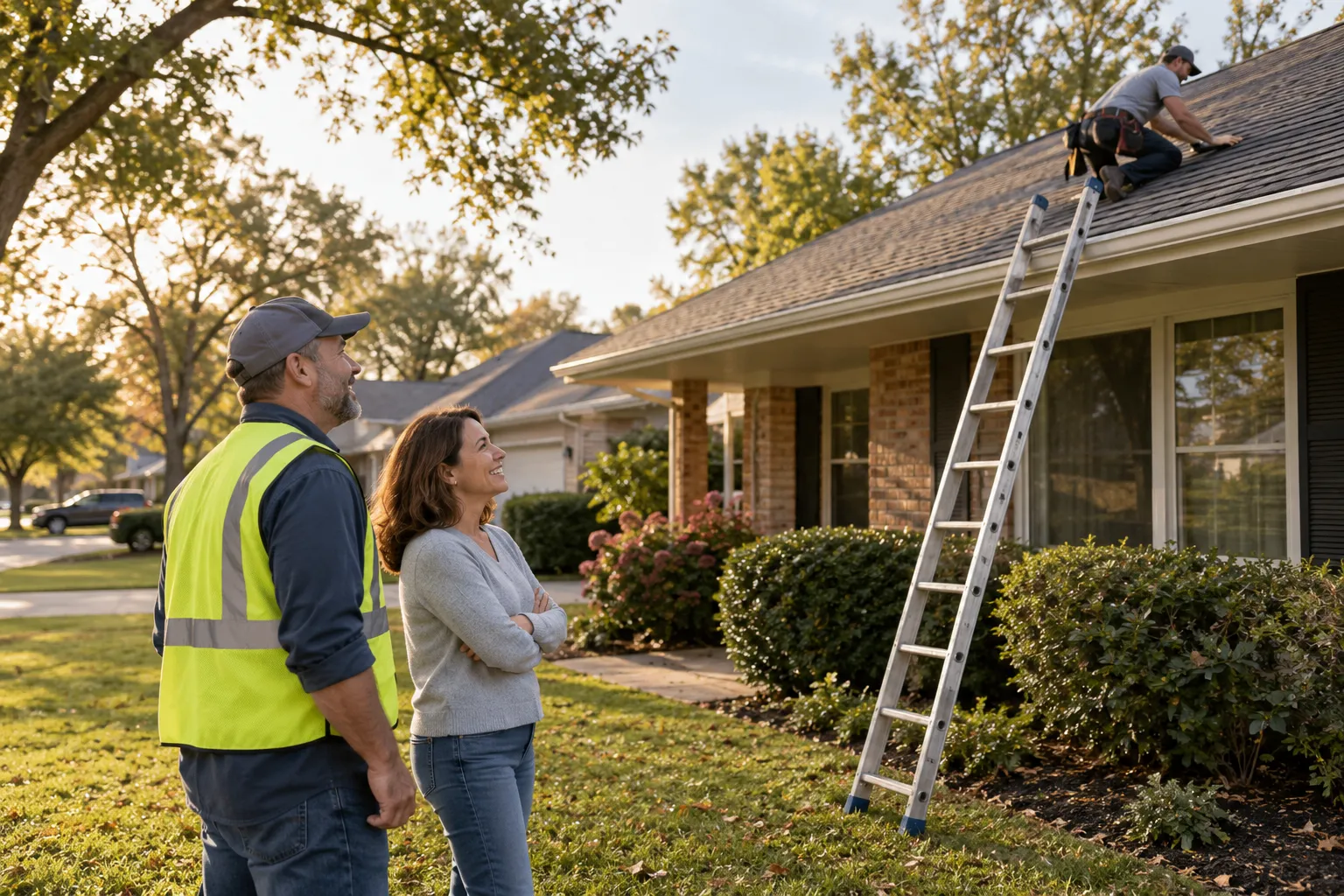 Friendly local roofing provider talking with a homeowner in front of a house in Lebanon after checking the roof