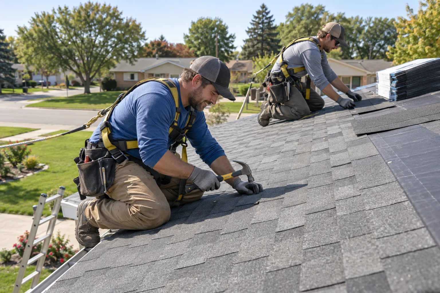 A local roofing provider installing new shingles on a home in Lebanon