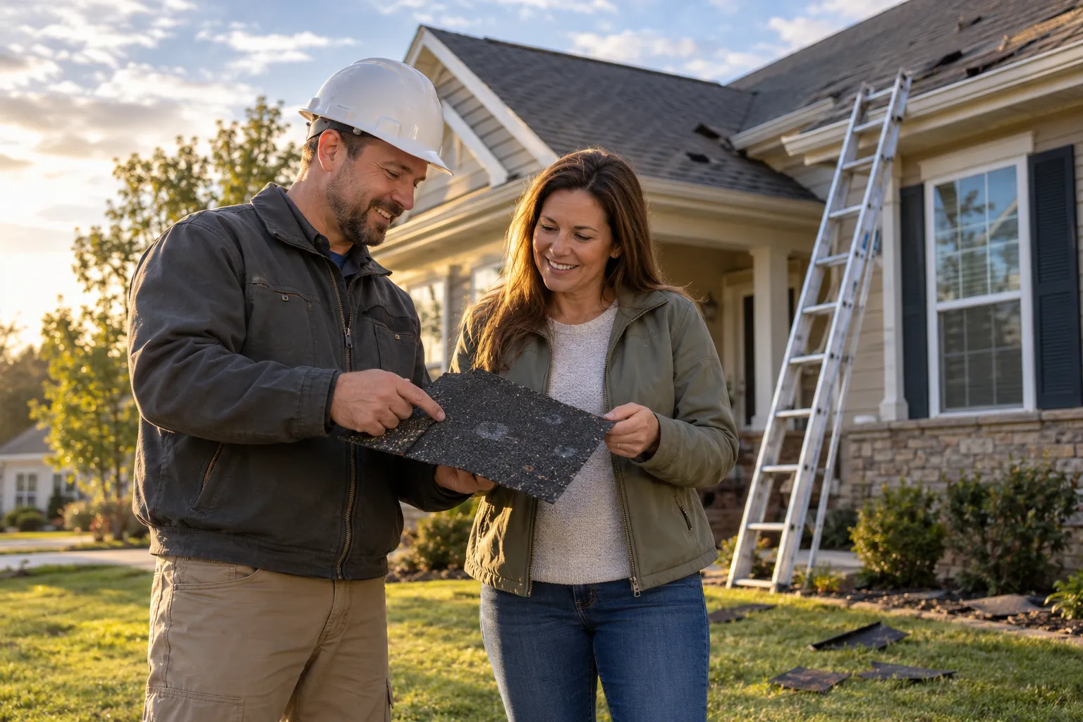 Friendly roofing provider and homeowner looking at hail-dented shingles on a home in Lebanon